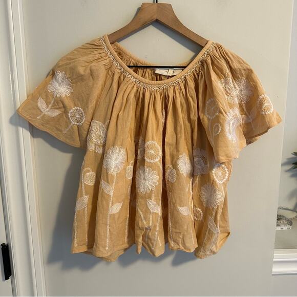 THE GREAT. Tan Cream White Floral Embroidered Blouse Top 0 Small - Picture 8 of 11